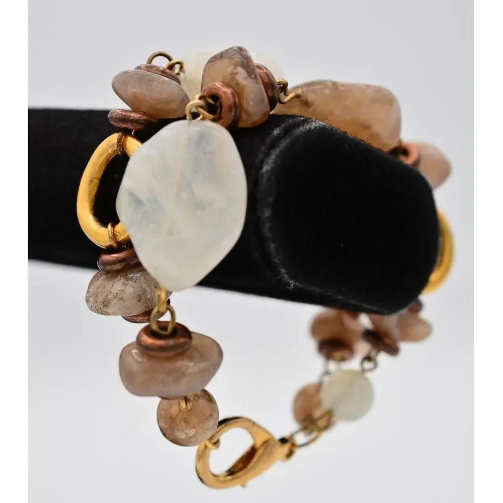 Vintage Lucite Beaded Bracelet Double Chain Brushed Gold Chunky 1980s Bin4